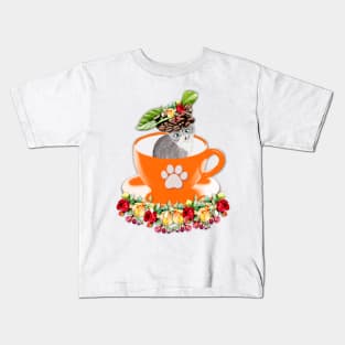 Cute Floral Coffee Cup Kitty Kids T-Shirt